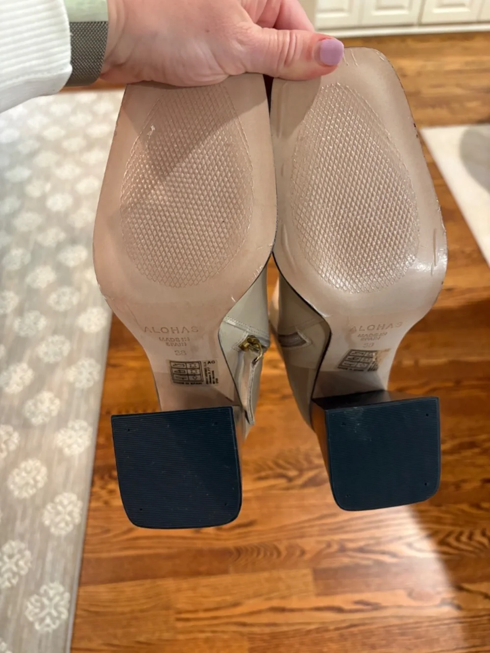 ALOHAS South Bicolor Boots Stone Beige Black Square Toe Block Heel Ankle Boots - Picture 7 of 8